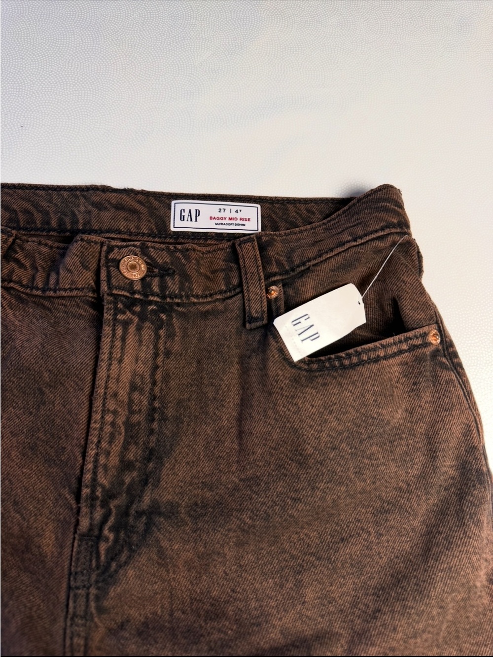 GAP Baggy Mid Rise Wide Leg Jeans Brown Copper Wash 27 Tall NWT - Picture 13 of 14